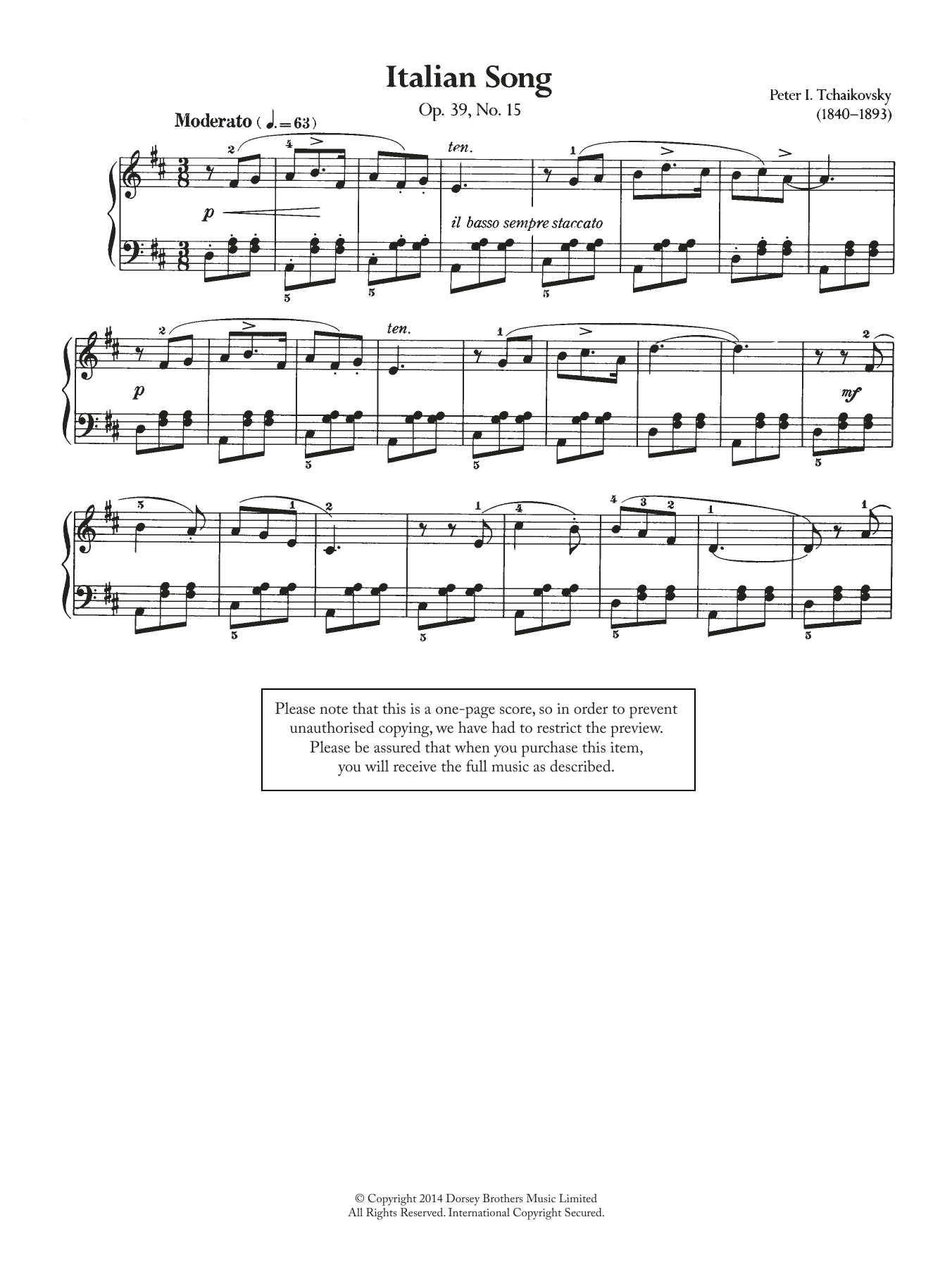 Pyotr Il'yich Tchaikovsky Italian Song, Op.39 No.15 Sheet Music Notes & Chords for Piano - Download or Print PDF
