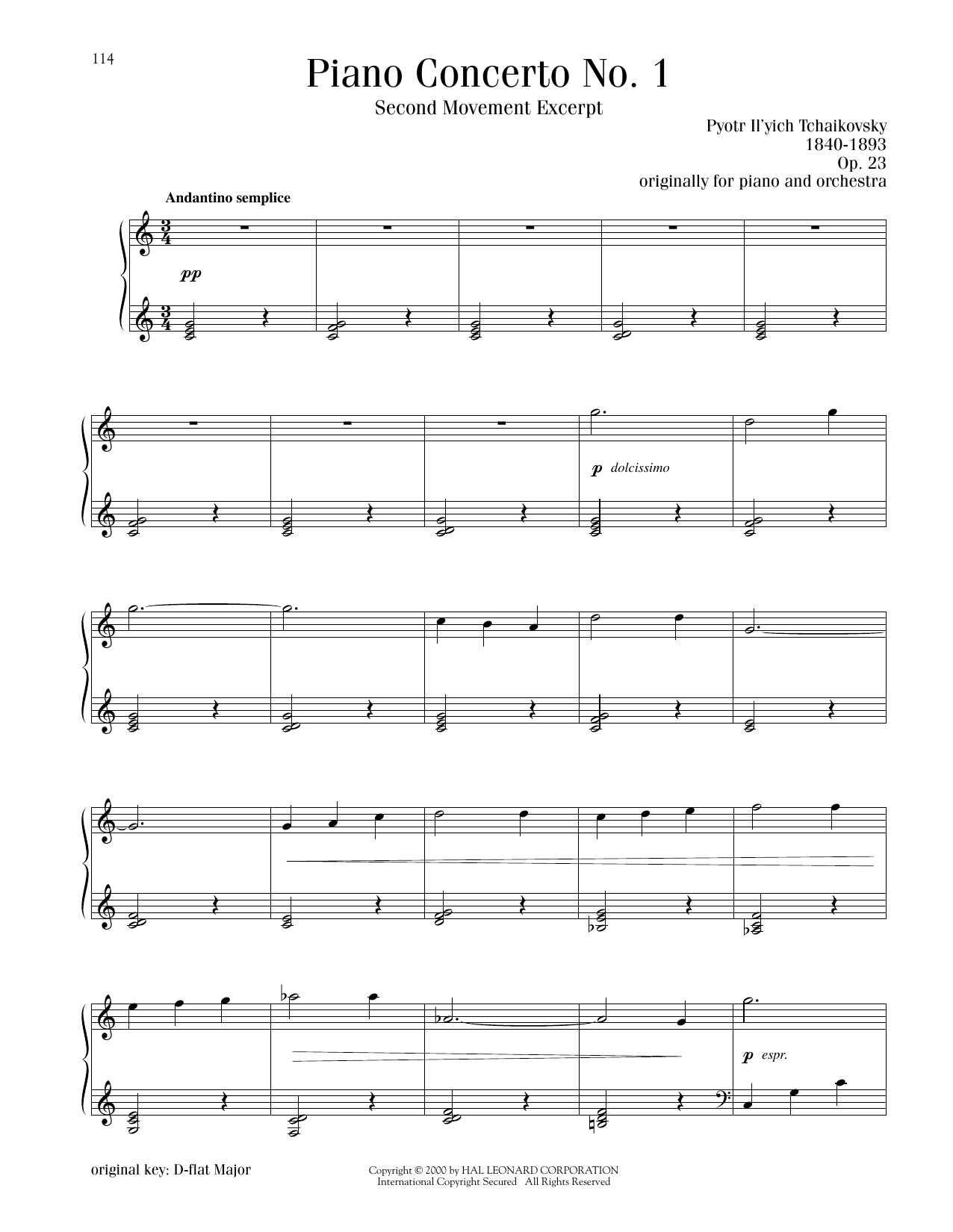 Pyotr Il'yich Tchaikovsky Piano Concerto No. 1 In B-Flat Minor, Op. 23, Second Movement Excerpt Sheet Music Notes & Chords for Piano Solo - Download or Print PDF