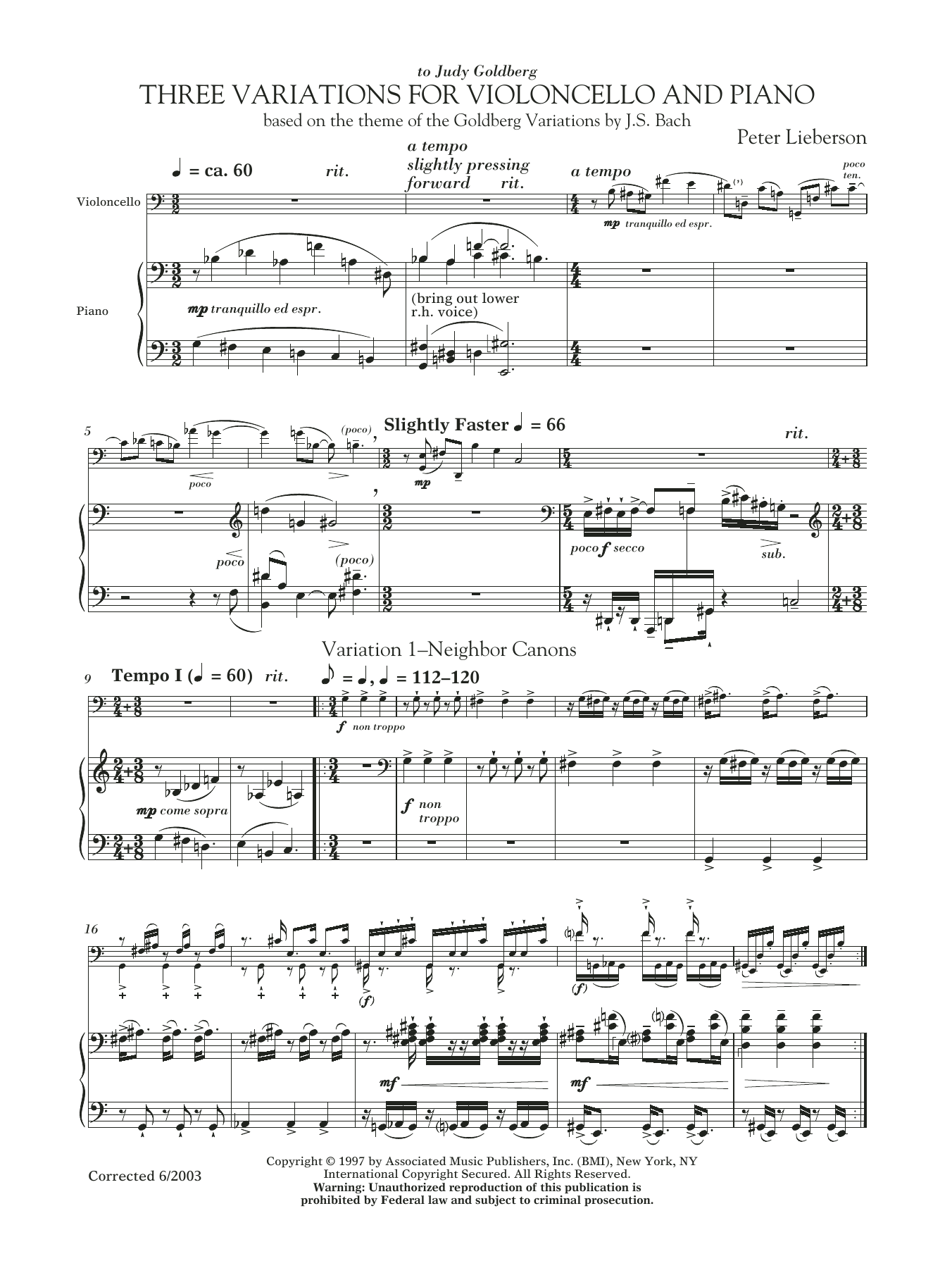 Peter Lieberson Three Variations For Violoncello And Piano Sheet Music Notes & Chords for Chamber Group - Download or Print PDF