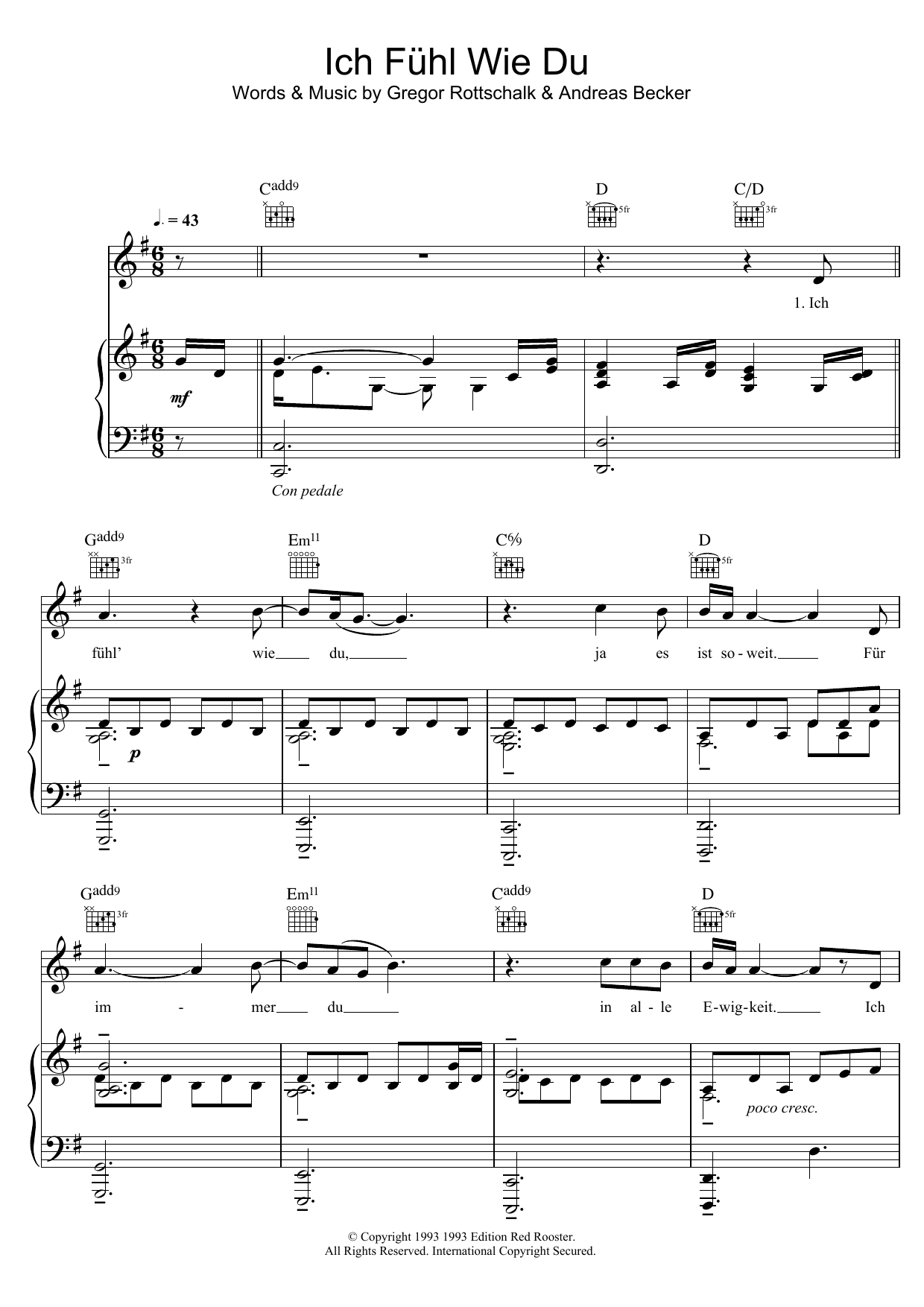 Peter Maffay Ich Fuhl Wie Du Sheet Music Notes & Chords for Piano, Vocal & Guitar - Download or Print PDF