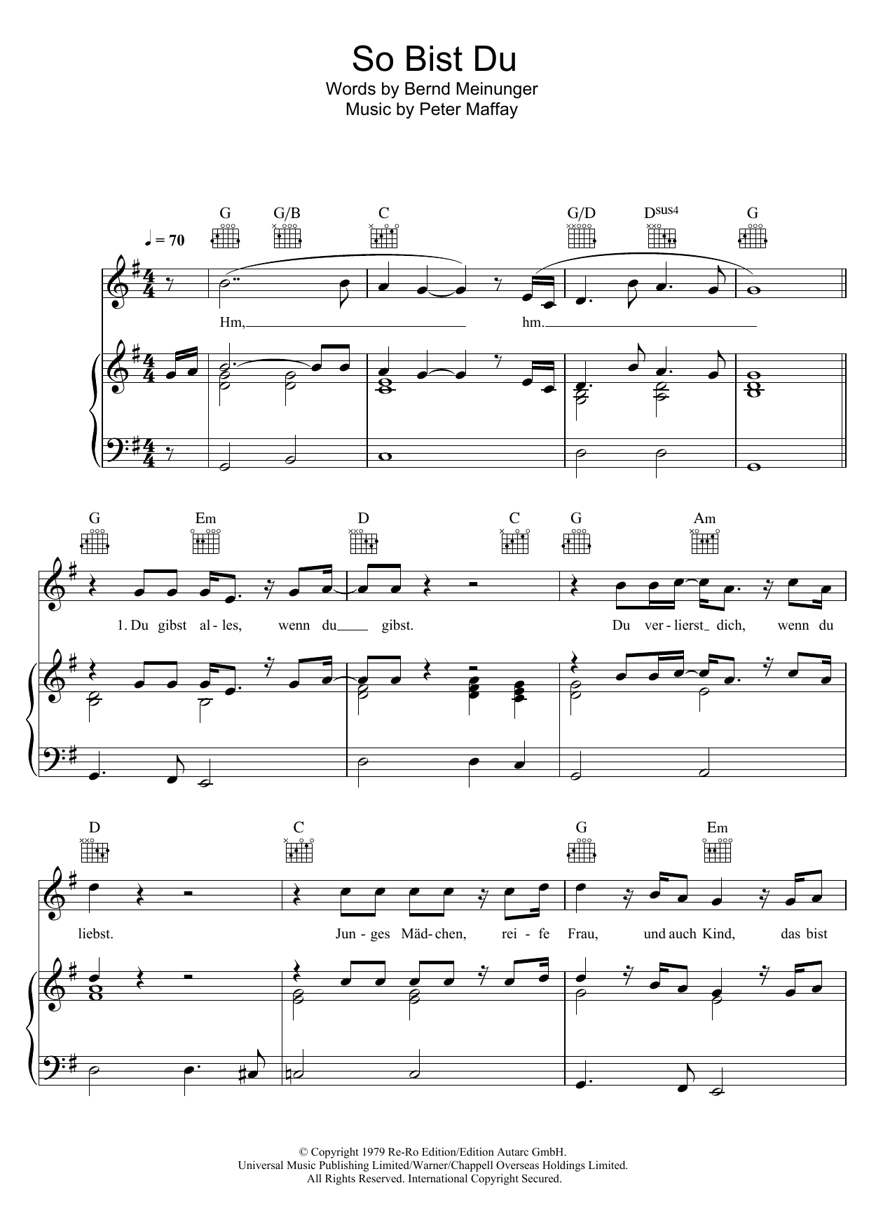 Peter Maffay So Bist Du Sheet Music Notes & Chords for Piano, Vocal & Guitar (Right-Hand Melody) - Download or Print PDF