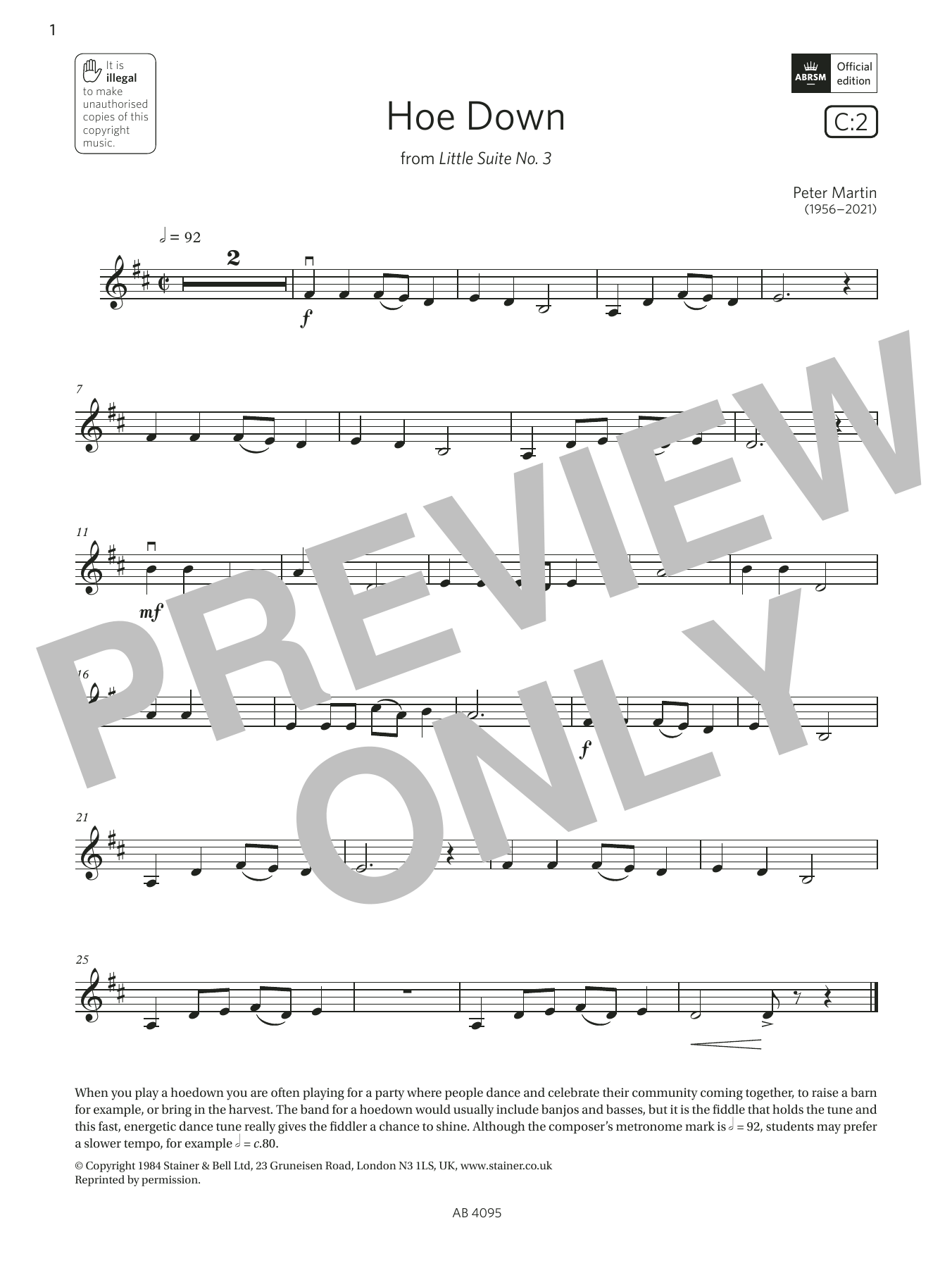 Peter Martin Hoe Down (Grade 1, C2, from the ABRSM Violin Syllabus from 2024) Sheet Music Notes & Chords for Violin Solo - Download or Print PDF