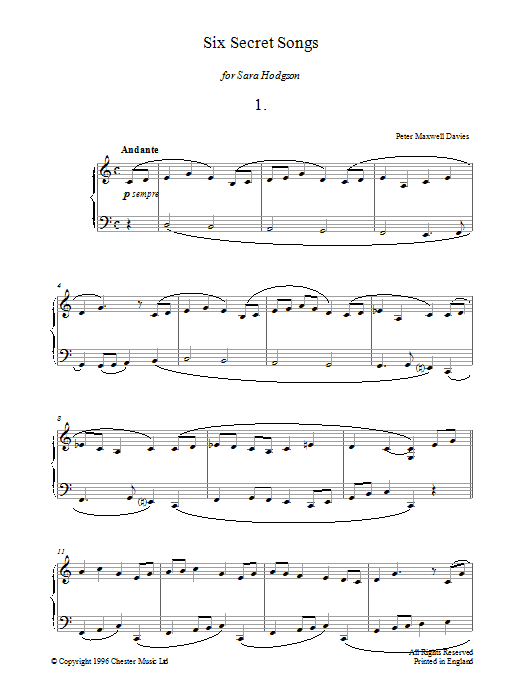 Peter Maxwell Davies Six Secret Songs, No.1, Andante Sheet Music Notes & Chords for Piano - Download or Print PDF