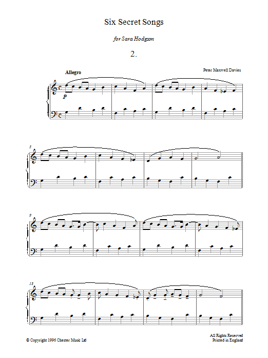 Peter Maxwell Davies Six Secret Songs, No.2, Allegro Sheet Music Notes & Chords for Piano - Download or Print PDF
