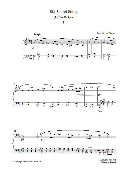 Peter Maxwell Davies Six Secret Songs, No.3, Adagio Sheet Music Notes & Chords for Piano - Download or Print PDF