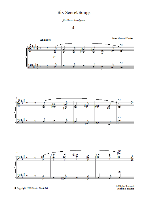 Peter Maxwell Davies Six Secret Songs, No.4, Andante Sheet Music Notes & Chords for Piano - Download or Print PDF