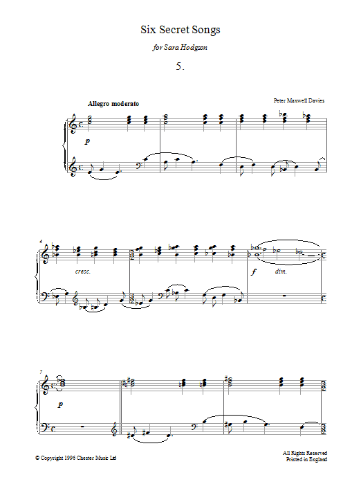 Peter Maxwell Davies Six Secret Songs, No.5, Allegro Moderato Sheet Music Notes & Chords for Piano - Download or Print PDF