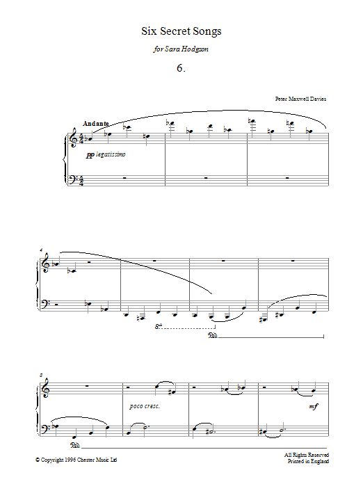 Peter Maxwell Davies Six Secret Songs, No.6, Andante Sheet Music Notes & Chords for Piano - Download or Print PDF