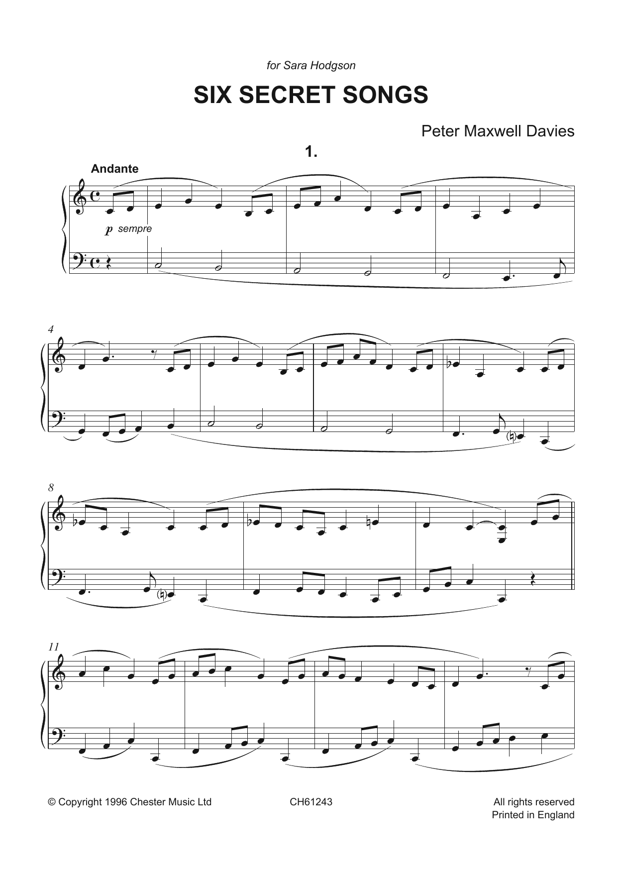 Peter Maxwell Davies Six Secret Songs Sheet Music Notes & Chords for Piano - Download or Print PDF