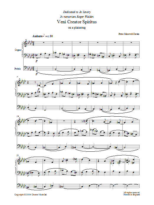 Peter Maxwell Davies Veni Creator Spiritus Sheet Music Notes & Chords for Piano - Download or Print PDF