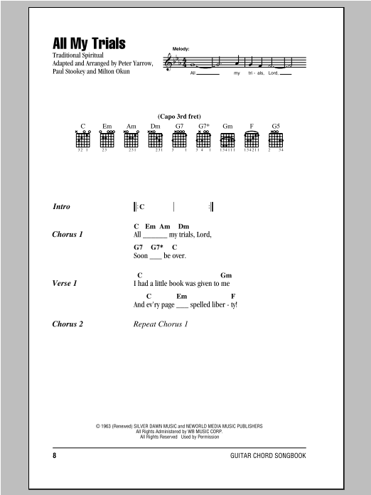 Peter, Paul & Mary All My Trials Sheet Music Notes & Chords for Lyrics & Chords - Download or Print PDF