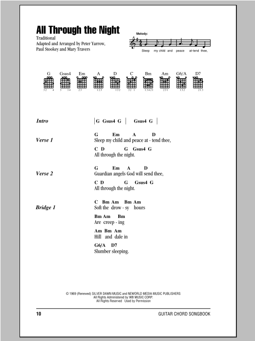 Peter, Paul & Mary All Through The Night Sheet Music Notes & Chords for Lyrics & Chords - Download or Print PDF