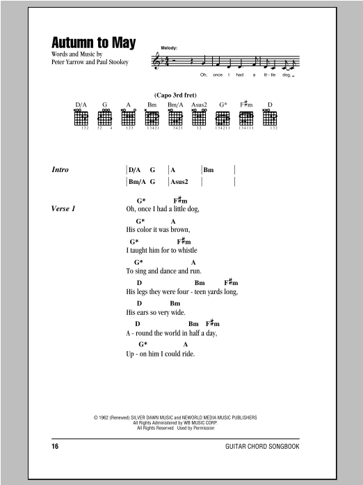 Peter, Paul & Mary Autumn To May Sheet Music Notes & Chords for Lyrics & Chords - Download or Print PDF