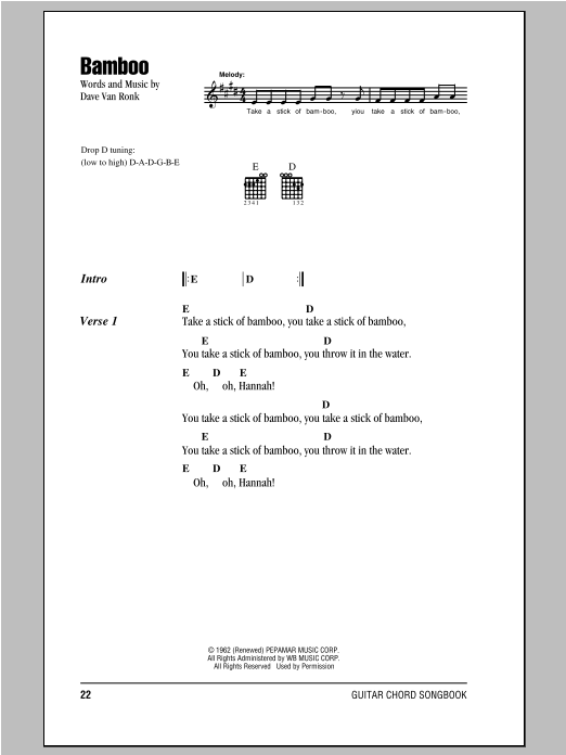 Peter, Paul & Mary Bamboo Sheet Music Notes & Chords for Lyrics & Chords - Download or Print PDF