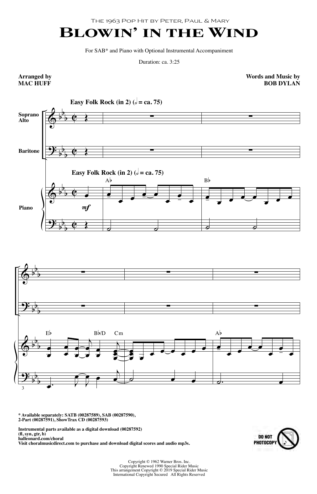 Peter, Paul & Mary Blowin' In The Wind (arr. Mac Huff) Sheet Music Notes & Chords for SAB Choir - Download or Print PDF