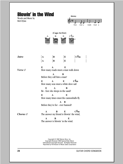 Peter, Paul & Mary Blowin' In The Wind Sheet Music Notes & Chords for Lyrics & Chords - Download or Print PDF