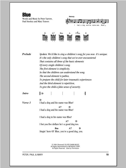 Peter, Paul & Mary Blue Sheet Music Notes & Chords for Lyrics & Chords - Download or Print PDF