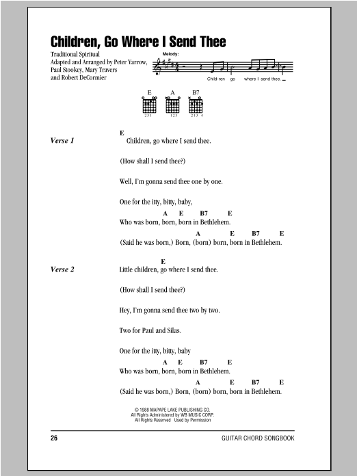 Peter, Paul & Mary Children, Go Where I Send Thee Sheet Music Notes & Chords for Lyrics & Chords - Download or Print PDF