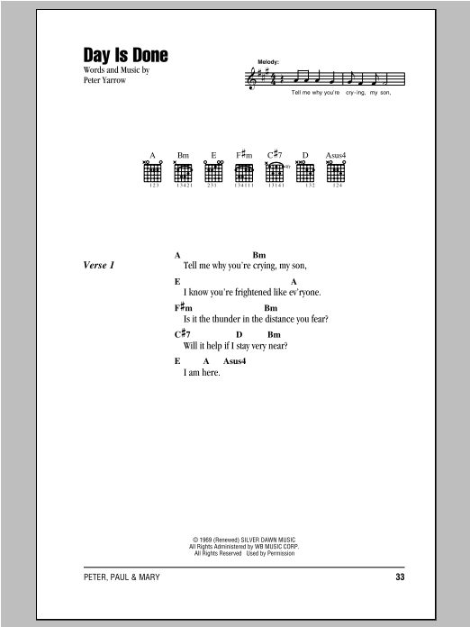 Peter, Paul & Mary Day Is Done Sheet Music Notes & Chords for Lyrics & Chords - Download or Print PDF