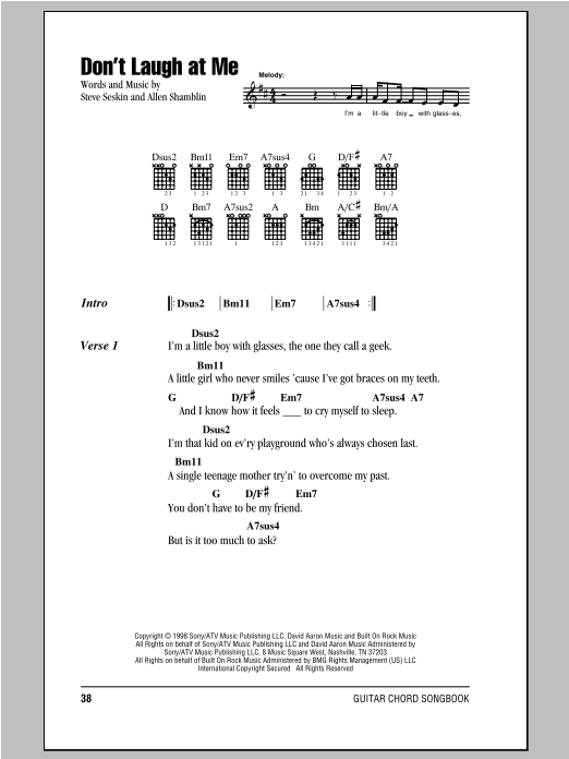 Peter, Paul & Mary Don't Laugh At Me Sheet Music Notes & Chords for Lyrics & Chords - Download or Print PDF