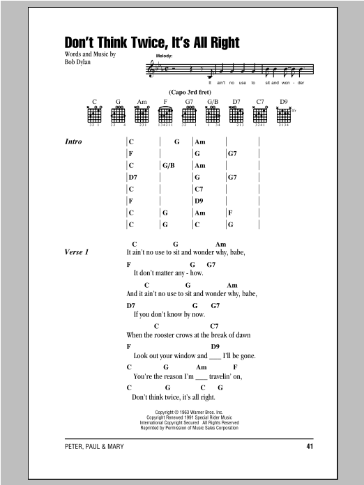 Peter, Paul & Mary Don't Think Twice, It's All Right Sheet Music Notes & Chords for Lyrics & Chords - Download or Print PDF