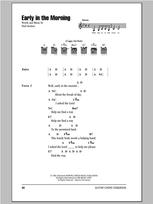 Peter, Paul & Mary Early In The Morning Sheet Music Notes & Chords for Lyrics & Chords - Download or Print PDF
