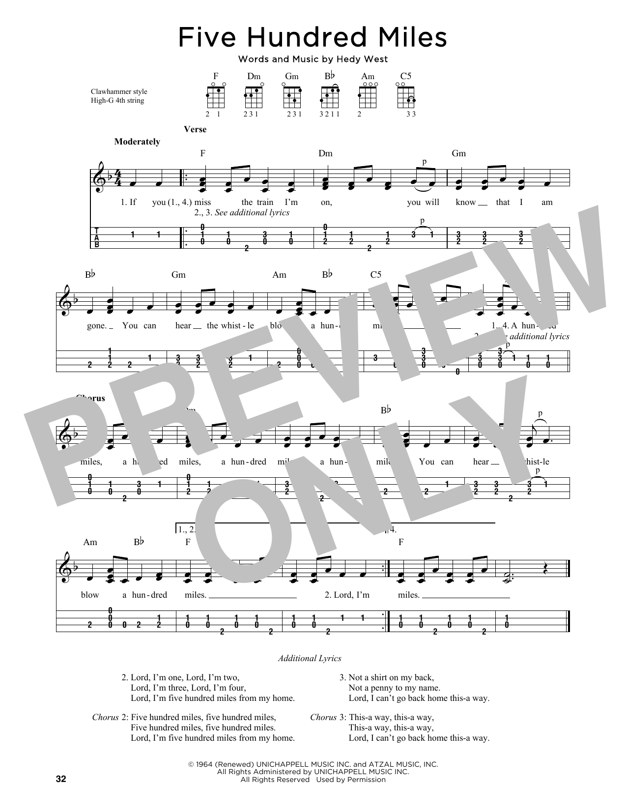 Peter, Paul & Mary Five Hundred Miles (arr. Jim Schustedt) Sheet Music Notes & Chords for Ukulele - Download or Print PDF