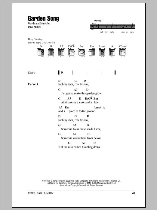 Peter, Paul & Mary Garden Song Sheet Music Notes & Chords for Lyrics & Chords - Download or Print PDF