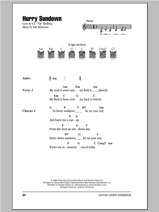 Peter, Paul & Mary Hurry Sundown Sheet Music Notes & Chords for Lyrics & Chords - Download or Print PDF