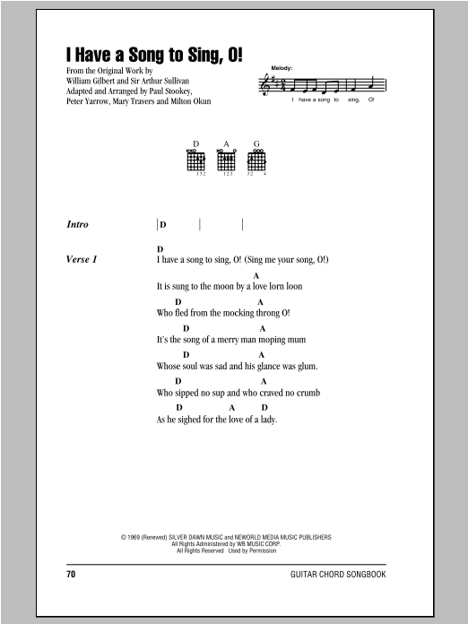 Peter, Paul & Mary I Have A Song To Sing, O! Sheet Music Notes & Chords for Lyrics & Chords - Download or Print PDF