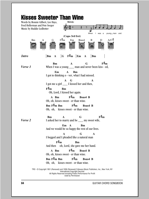 Peter, Paul & Mary Kisses Sweeter Than Wine Sheet Music Notes & Chords for Lyrics & Chords - Download or Print PDF