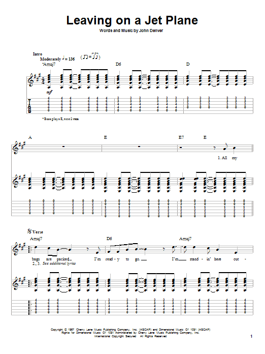 John Denver Leaving On A Jet Plane Sheet Music Notes & Chords for Guitar Tab - Download or Print PDF