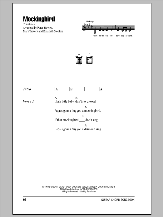 Peter, Paul & Mary Mockingbird Sheet Music Notes & Chords for Lyrics & Chords - Download or Print PDF