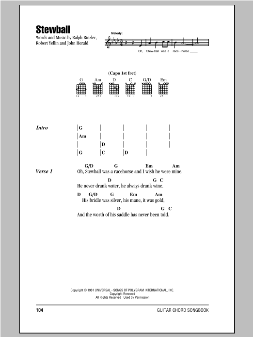 Peter, Paul & Mary Stewball Sheet Music Notes & Chords for Lyrics & Chords - Download or Print PDF