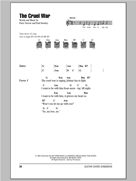 Peter, Paul & Mary The Cruel War Sheet Music Notes & Chords for Lyrics & Chords - Download or Print PDF
