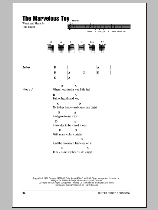 Peter, Paul & Mary The Marvelous Toy Sheet Music Notes & Chords for Lyrics & Chords - Download or Print PDF