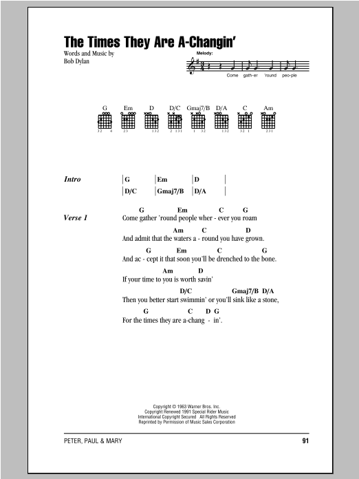 Peter, Paul & Mary The Times They Are A-Changin' Sheet Music Notes & Chords for Lyrics & Chords - Download or Print PDF