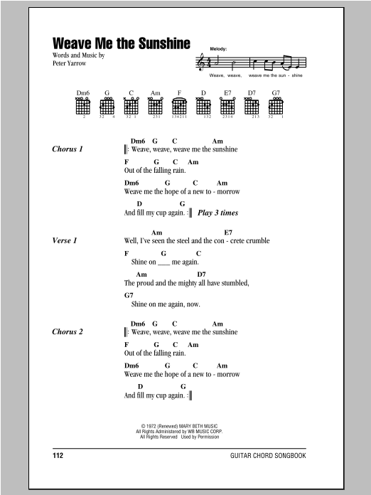 Peter, Paul & Mary Weave Me The Sunshine Sheet Music Notes & Chords for Lyrics & Chords - Download or Print PDF