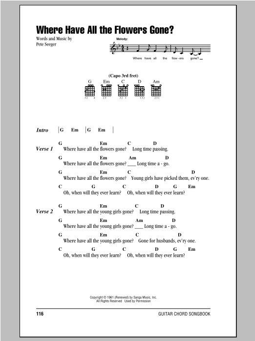 Peter, Paul & Mary Where Have All The Flowers Gone? Sheet Music Notes & Chords for Lyrics & Chords - Download or Print PDF