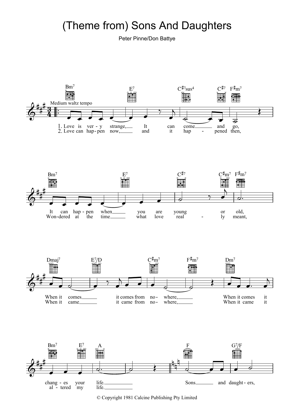 Peter Pinne Theme From Sons And Daughters Sheet Music Notes & Chords for Melody Line, Lyrics & Chords - Download or Print PDF