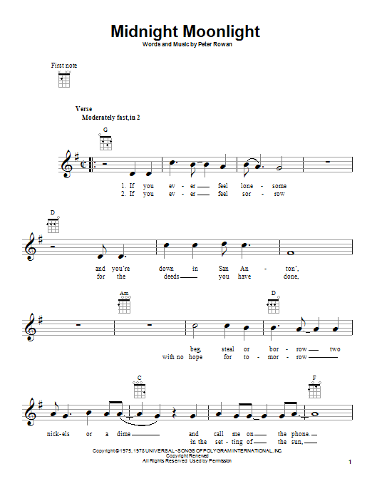 Peter Rowan Midnight Moonlight Sheet Music Notes & Chords for Ukulele - Download or Print PDF