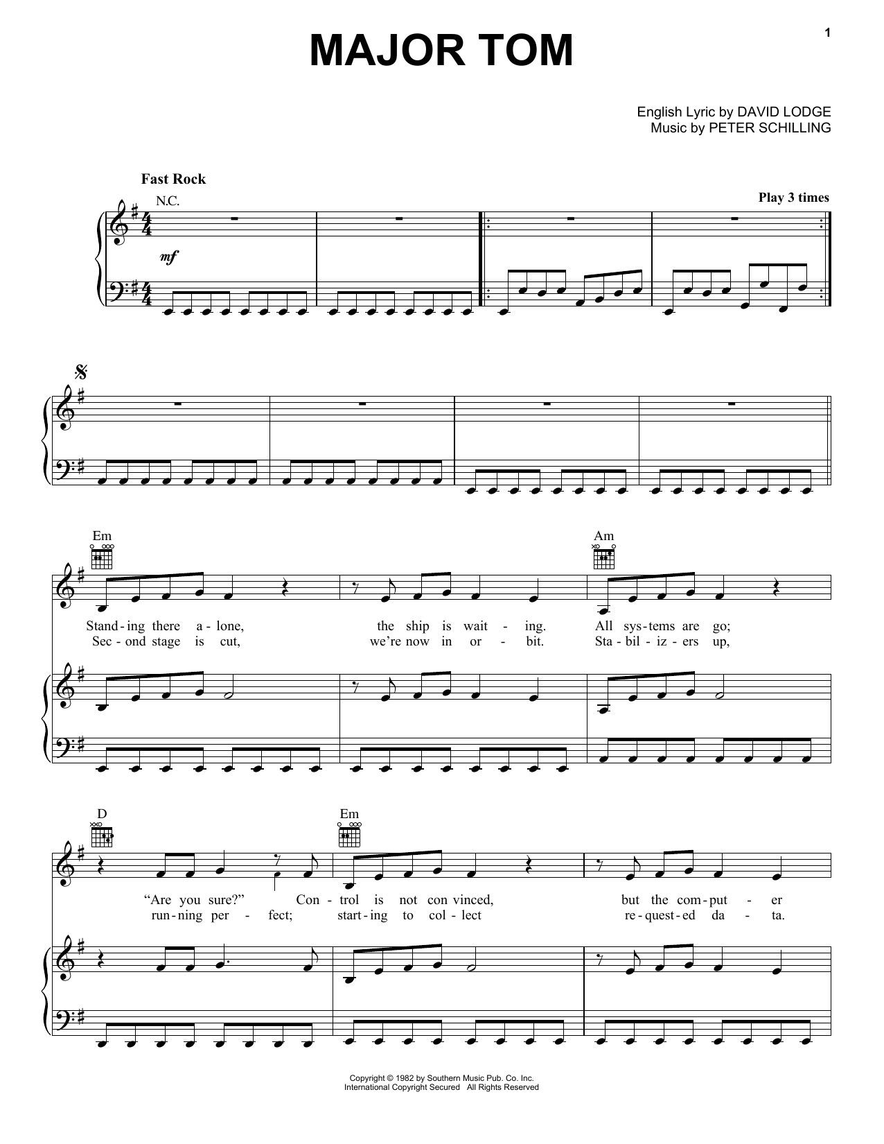 Peter Schilling Major Tom (Coming Home) Sheet Music Notes & Chords for Piano, Vocal & Guitar Chords (Right-Hand Melody) - Download or Print PDF