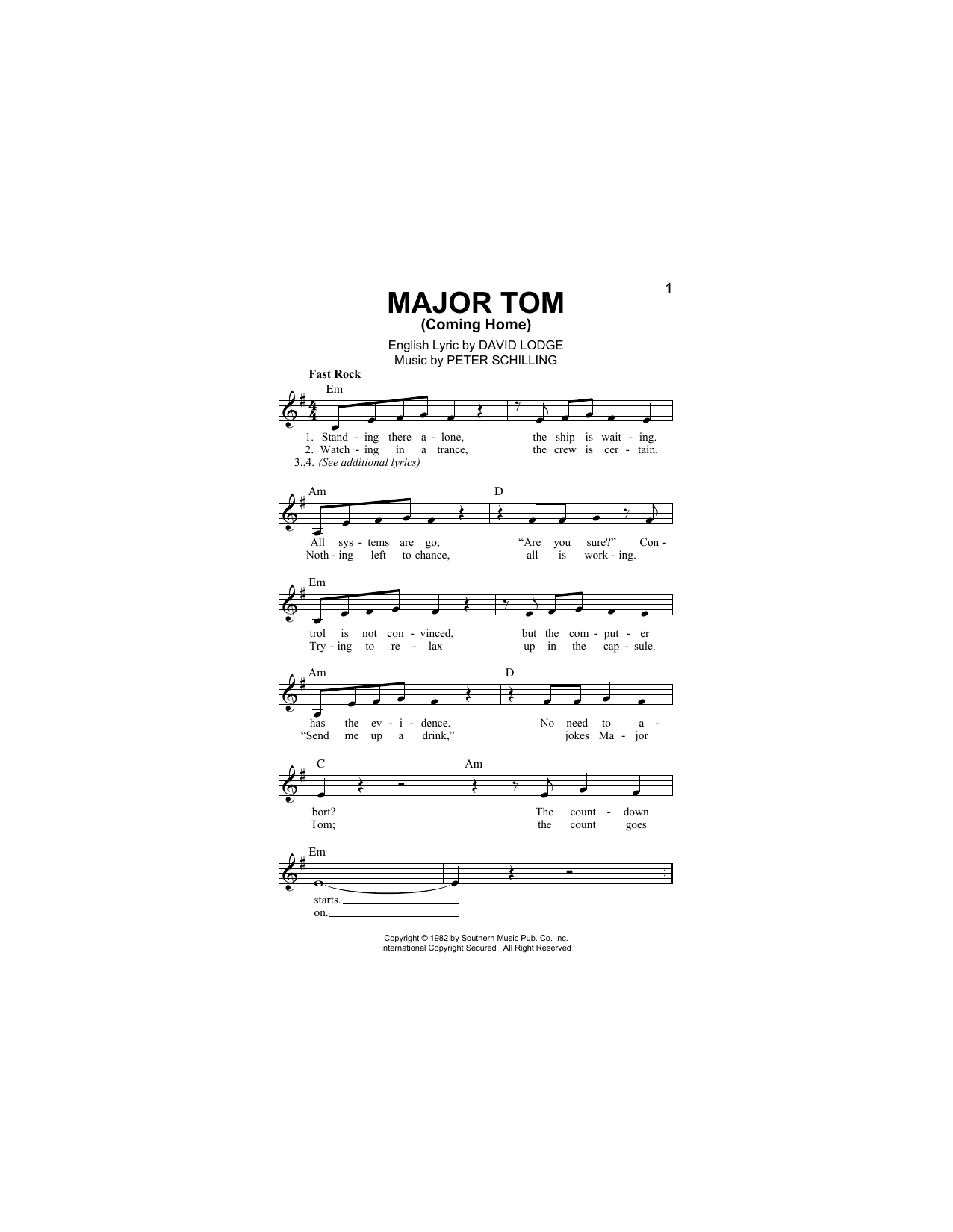 Peter Schilling Major Tom (Coming Home) Sheet Music Notes & Chords for Piano, Vocal & Guitar Chords (Right-Hand Melody) - Download or Print PDF