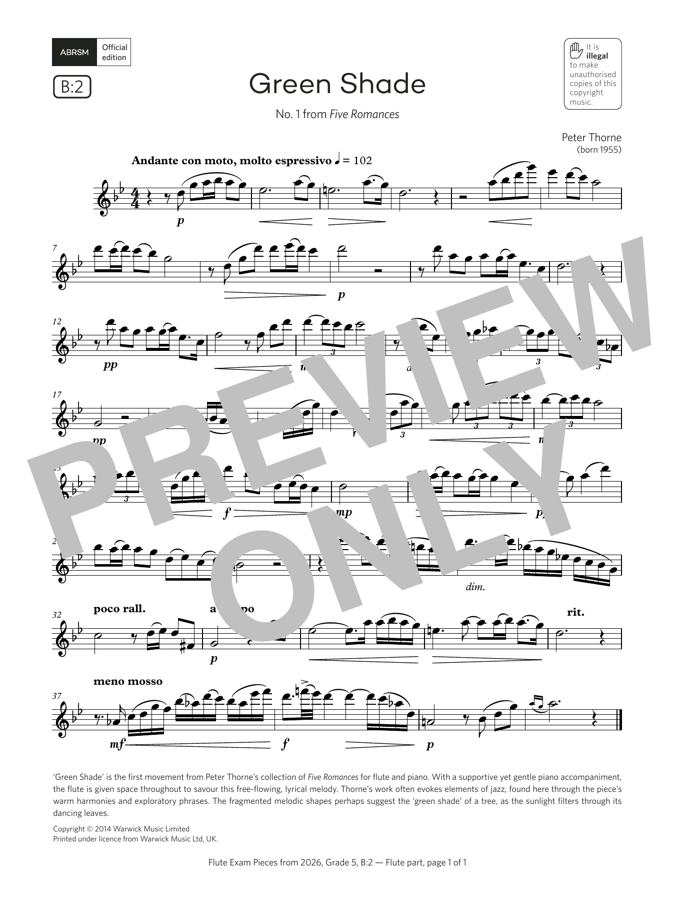 Peter Thorne Green Shade (Grade 5, list B2, from the ABRSM Flute Syllabus from 2026) Sheet Music Notes & Chords for Flute Solo - Download or Print PDF Peter Thorne Green Shade (Grade 5, list B2, from the ABRSM Flute Syllabus from 2026) Sheet Music Notes & Chords for Flute Solo - Download or Print PDF