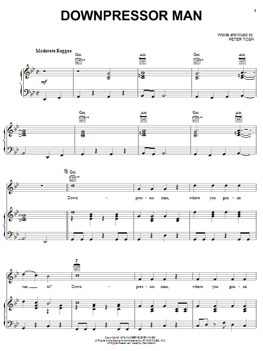 Peter Tosh Downpressor Man Sheet Music Notes & Chords for Piano, Vocal & Guitar (Right-Hand Melody) - Download or Print PDF