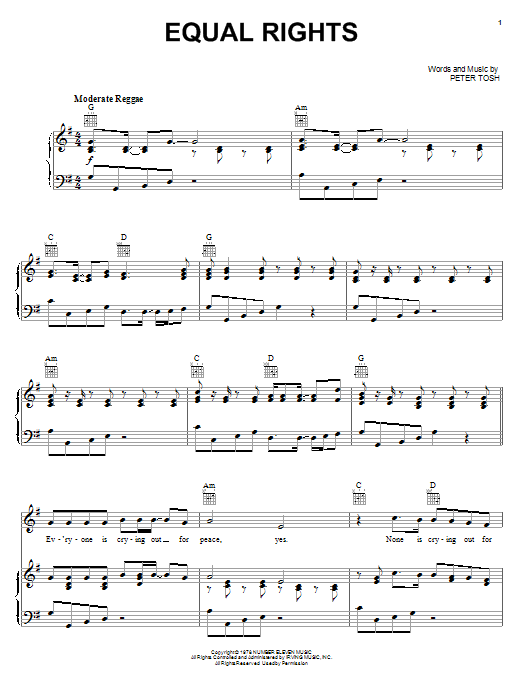 Peter Tosh Equal Rights Sheet Music Notes & Chords for Piano, Vocal & Guitar (Right-Hand Melody) - Download or Print PDF