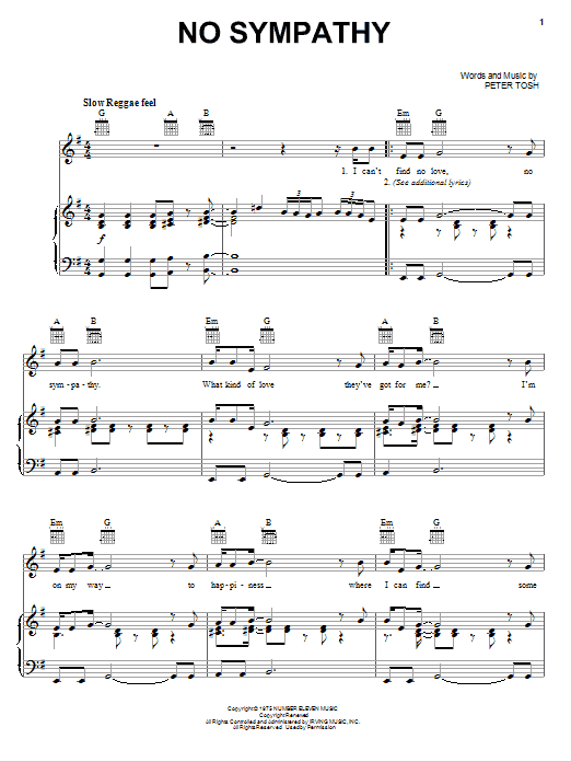 Peter Tosh No Sympathy Sheet Music Notes & Chords for Piano, Vocal & Guitar (Right-Hand Melody) - Download or Print PDF