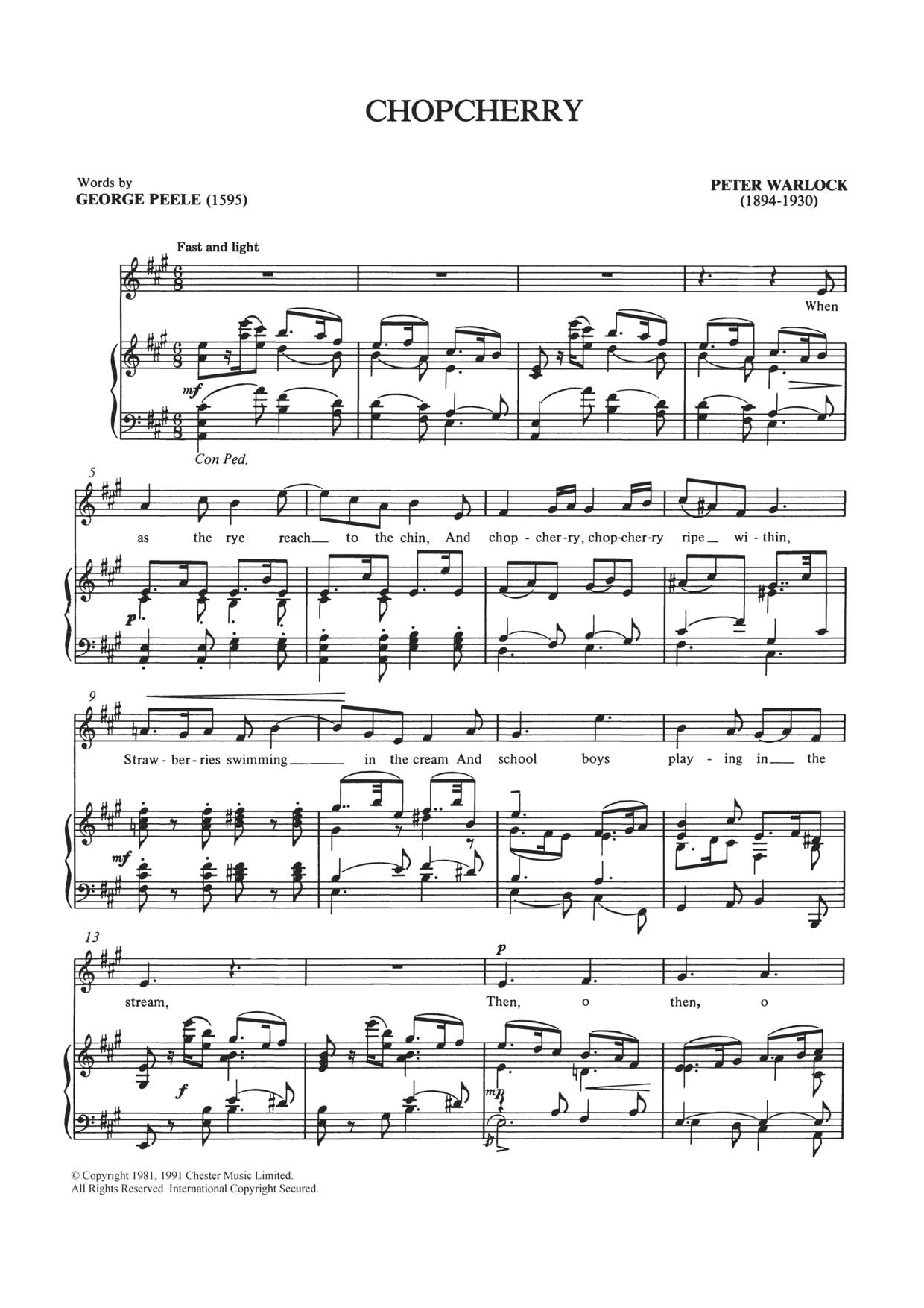 Peter Warlock Chopcherry Sheet Music Notes & Chords for Piano & Vocal - Download or Print PDF