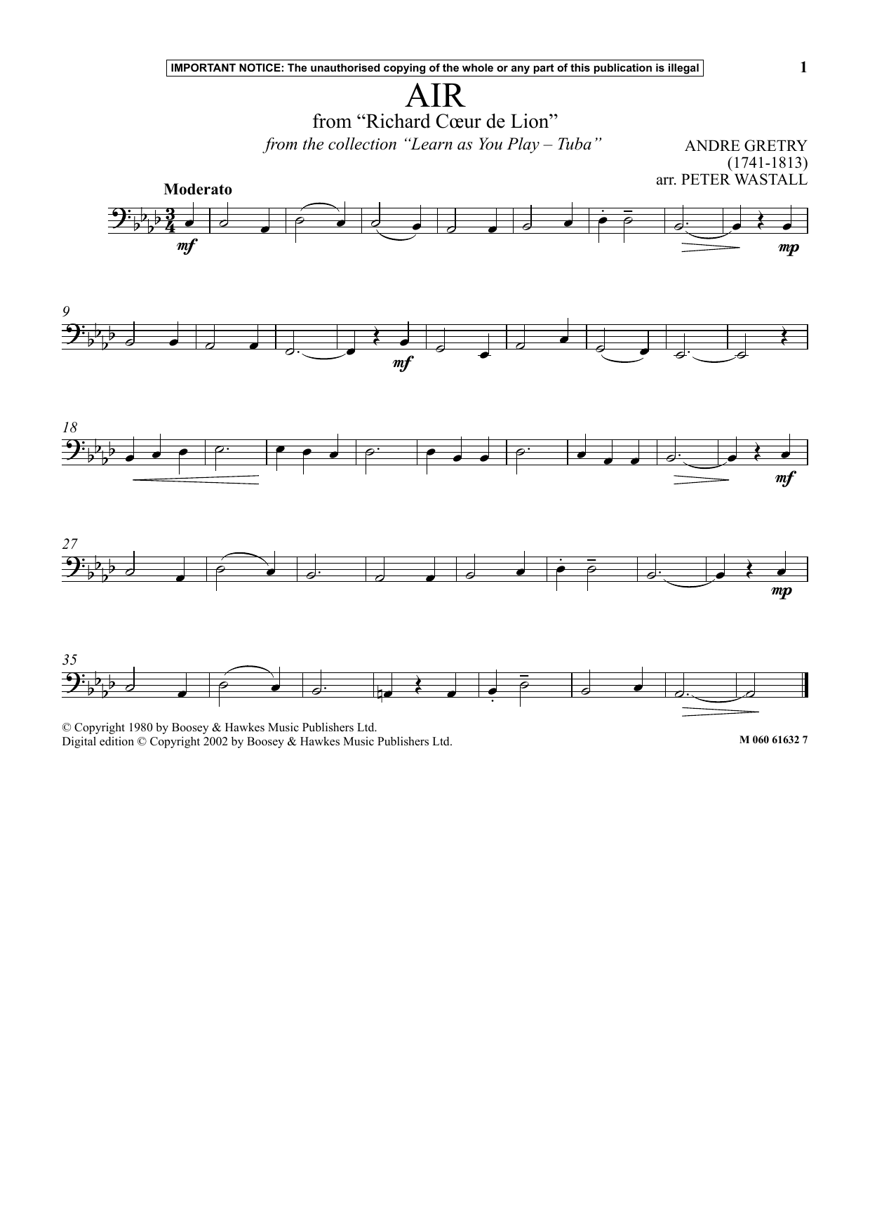 Peter Wastall Air From Richard Coeur De Lion (from Learn As You Play Tuba) Sheet Music Notes & Chords for Instrumental Solo - Download or Print PDF