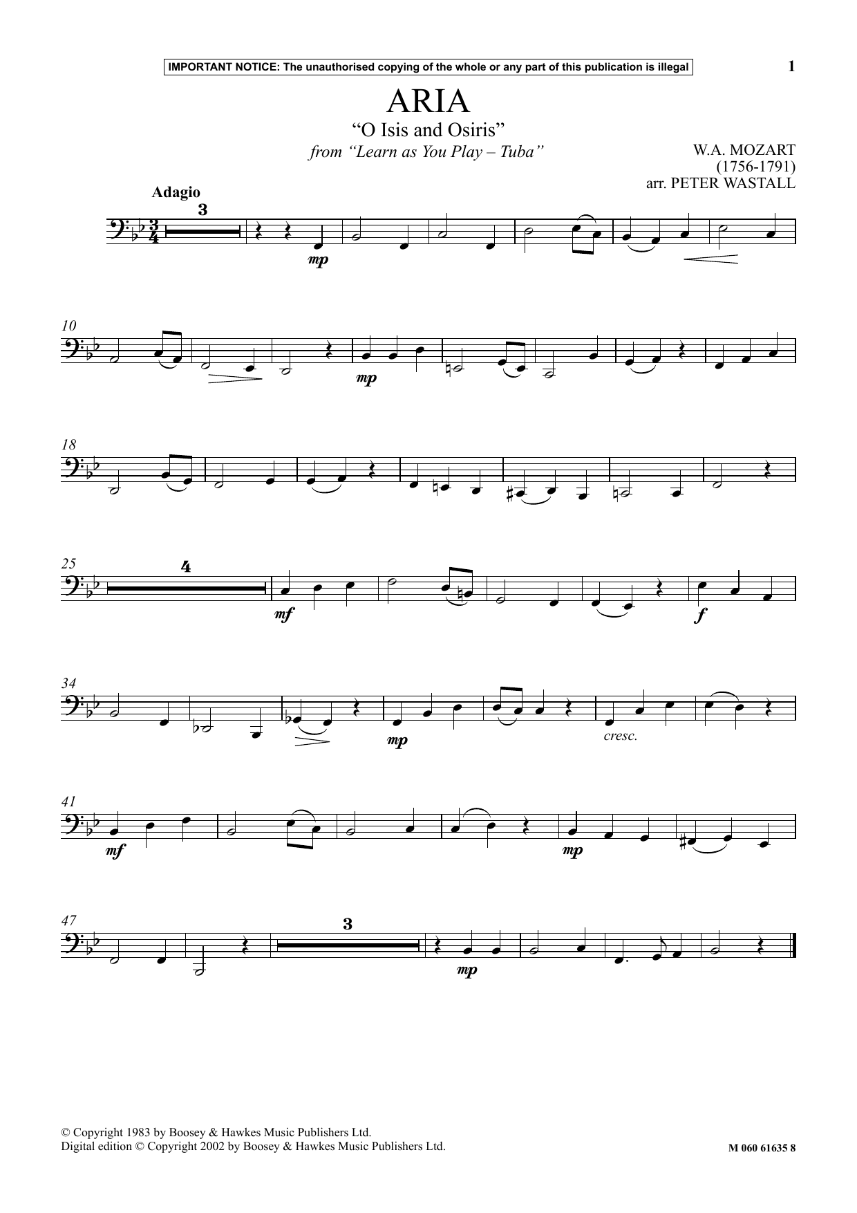 Peter Wastall Aria O Isis And Osiris (from Learn As You Play Tuba ) Sheet Music Notes & Chords for Instrumental Solo - Download or Print PDF